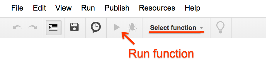 Apps Script menu bar: Run button