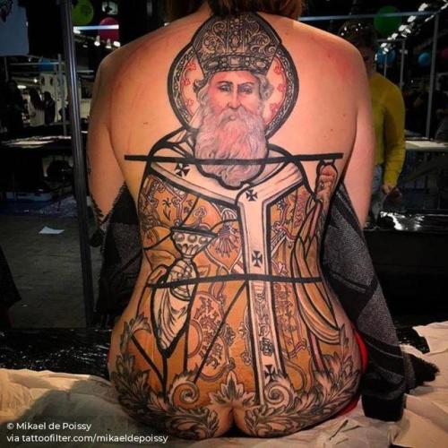 By Mikael de Poissy, done at 3rd Montreux Tattoo Convention,... backpiece;huge;contemporary;facebook;twitter;religious;mikaeldepoissy;neotraditional