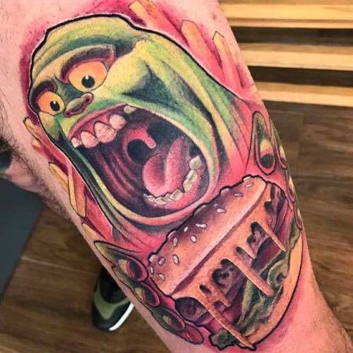 By Moay, done at 48920 Tattoo Shop, Portugalete.... film and book;moay;ghostbusters;big;cartoon;thigh;facebook;twitter;new school