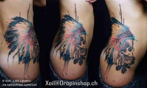 Tattoo tagged with: skull, anatomy, hip, human skull, big, waist, watercolor,  native american chief, native american, facebook, twitter, xoil |  