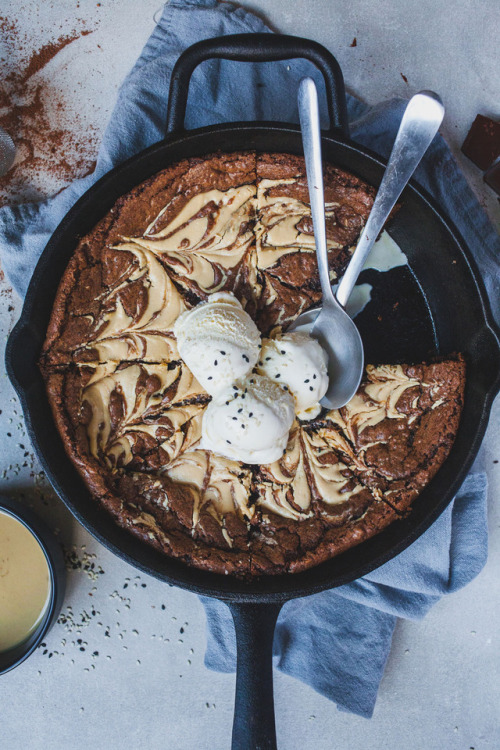 sweetoothgirl:Double Chocolate Tahini Skillet Cookie