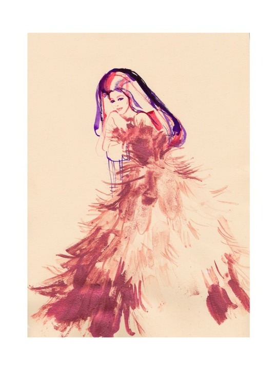 Sketch of Kaia Gerber in Valention F/W18 haute couture made in glitter and inks on old yellow paper