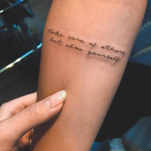 By Ghinko, done at West 4 Tattoo, Manhattan.... small;line art;languages;tiny;ifttt;little;english;lettering;inner forearm;take care of others but also yourself;quotes;ghinko;english tattoo quotes;fine line