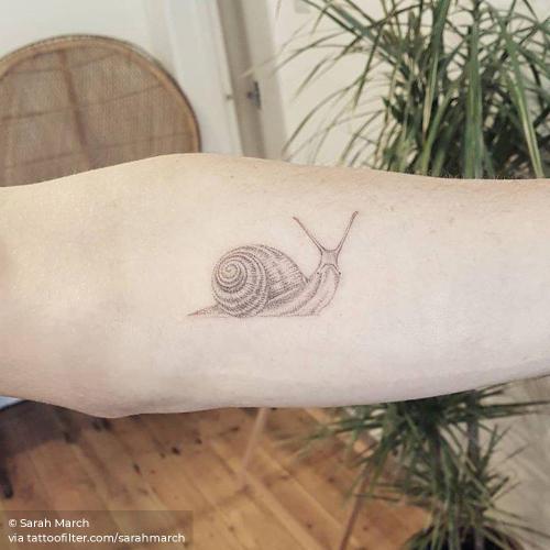 By Sarah March, done at Die-Monde Tattoo, Wadebridge.... animal;facebook;hand poked;inner forearm;mollusc;sarahmarch;small;snail;twitter