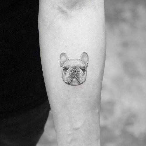 By Sanghyuk Ko · MR.K, done at Bang Bang Tattoo, Manhattan.... small;dog;patriotic;single needle;micro;animal;france;tiny;mrk;french bulldog;ifttt;little;portrait;inner forearm;pet