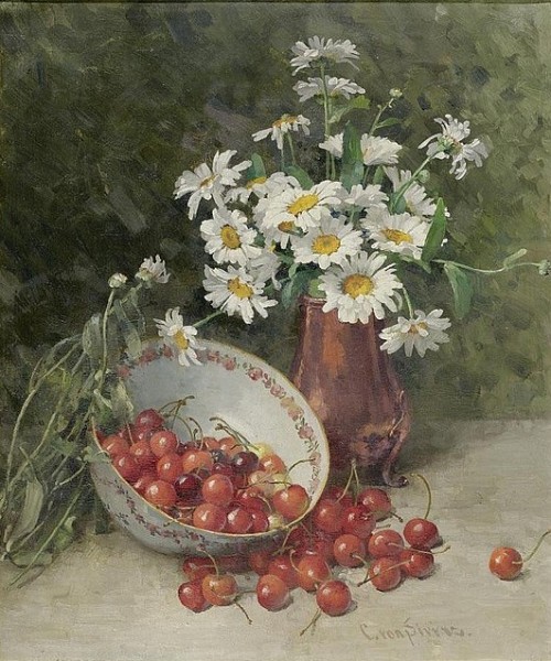 Clara von Sivers (1854-1924) - Still life with flowers and cherries, oil on canvas, 61 x 50 cm.