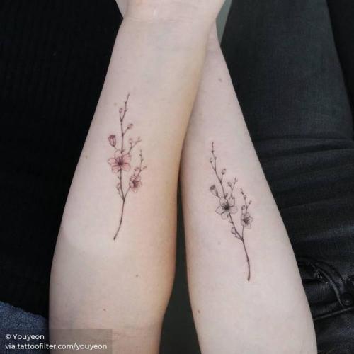 Tattoo tagged with: youyeon, flower, small, best friend, matching, cherry blossom, single needle, spring, tiny, love, ifttt, little, nature, inner forearm, four season, matching tattoos for best friends