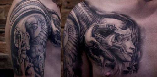 By Bacanu Bogdan, done at NR Tattoo Cheltenham, Cheltenham.... art;black and grey;bacanubogdan;switzerland;patriotic;h r giger;big;chest;facebook;twitter;shoulder