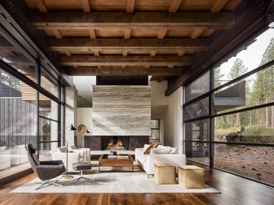 Walnut ceiling and flooring are juxtaposed by the glass walls in this family home located at Lookout Mountain, California. [1680 × 1260]