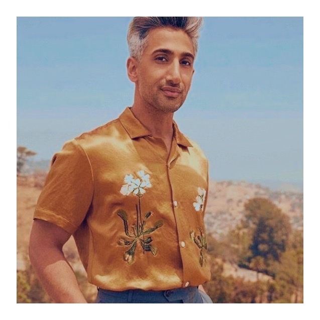 tan france floral shirt