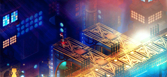 Red from Transistor standing at the edge of a platform overlooking a city.