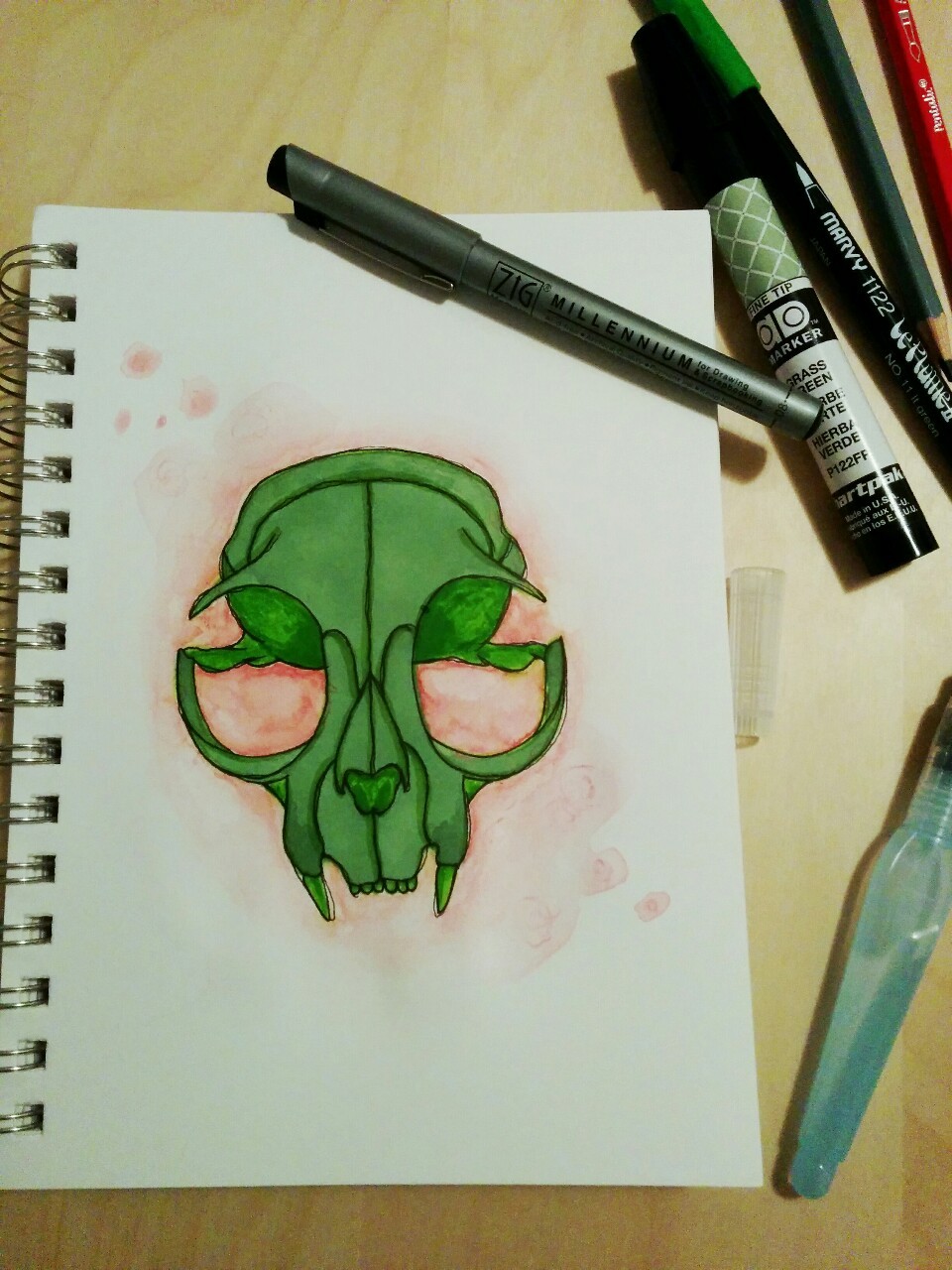 damselindistaste: “Quick cat skull doodle with this months ArtSnacks! ” ArtSnacks is like a magazine subscription but instead of a magazine you get 4 or 5 different art products. Every month we challenge you to create a piece of Art using only the...