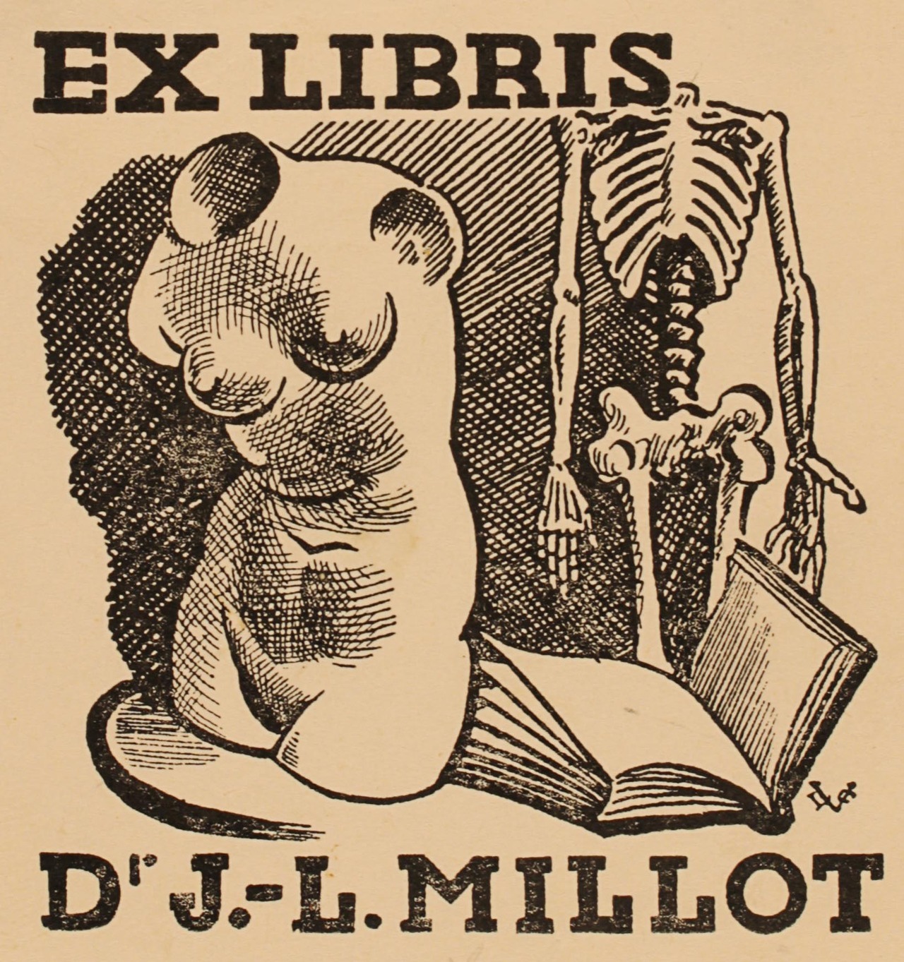 Dr. J.-L. Millot. Artist: Valentin Le Campion (French, 1903-1952). Bookplate.
A nude sculpture, an open book, and a skeleton, representing death, are included in this still-life bookplate.