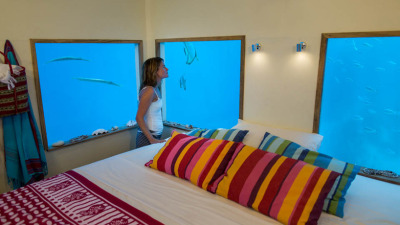 travelingcolors:<br /><br />Manta Resorts Underwater Hotel Room opens in Pemba Island | Tanzania  (by Genberg Underwater Hotels  - photos byJesper Anhede)<br /><br />Situated off the eastern coast of Africa by Pemba Island, a private floating island at the Manta Resort provides guests with an all-inclusive hotel room submerged four meters below the surface of the ocean. Designed by Swedish company Genberg Underwater Hotels, each of the three levels that make up the buoyant building has its own unique view: a rooftop terrace for sun bathing in the day and star gazing at night, a landing deck at sea level equipped with a lounge and restroom, and an underwater hotel room below surrounded by panes of glass for a 360 degree marine panorama. <br /><br />