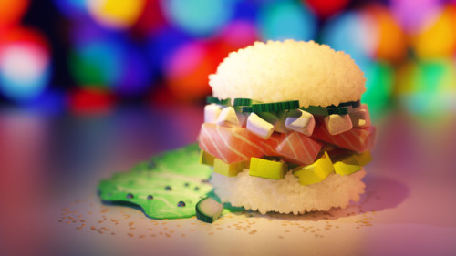 Sushi burgerA delicious hybrid meal with rice pads, cucumber, cheese, salmon, avocado and sesame seeds. 3DS Max