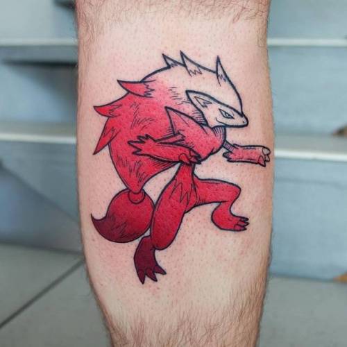 By Gennaro Varriale, done at Area Industriale Tattoo, Lovere.... pokemon characters;calf;gennarovarriale;fictional character;contemporary;zoroark;facebook;twitter;video game;pop art;game;medium size;pokemon