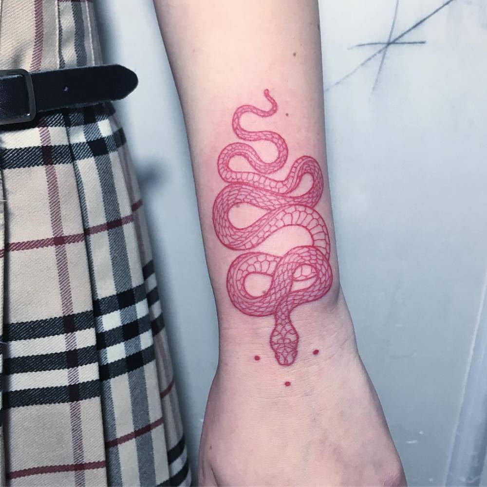 Little Tattoos — Freehand red snake tattoo on the left