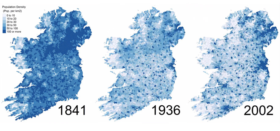 Population density in Ireland, 1841, 1936, 2002. - Maps on the Web