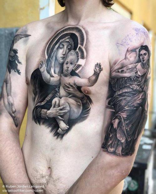 By Ruben Jordan Langsted, done at Death or Glory Tattoo,... big;black and grey;chest;children;facebook;family;mythology;parent;religious;ruben;twitter;upper arm;virgin