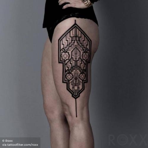 By Roxx, done at 2Spirit Tattoo, Santa Monica.... line art;big;contemporary;thigh;facebook;blackwork;twitter;roxx;experimental;art deco;other