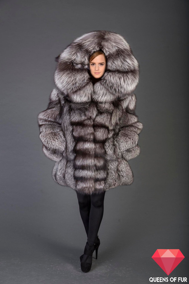 Queens of Fur — Emma Watson in a silver fox fur coat