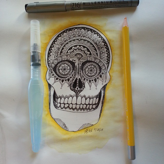 autumn-becomes-me: “My skull study got a bit out of hand. I’m so in love with the Zig Millenium pen I got in my last #artsnacks package. Thanks to the #aquabrush and #Pentalic yellow #aqua pencil I was able to get color exactly where I wanted it....