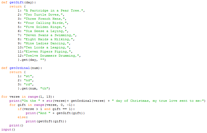Aesthetically Pleasing Code — Twelve Days of Christmas - A Python Program