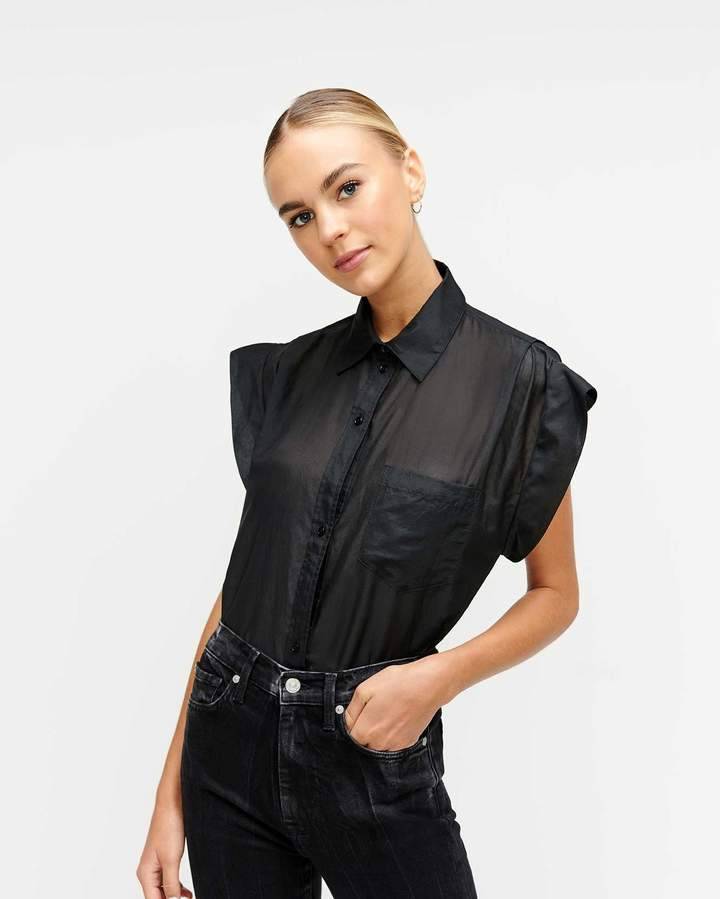 This sleeveless single-pocket shirt has pleats at the shoulders and ...