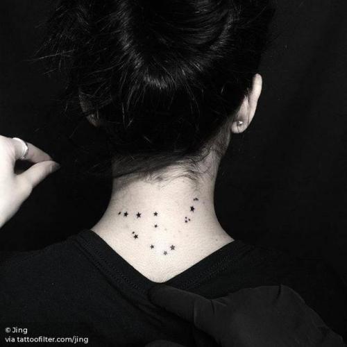 By Jing, done at Jing’s Tattoo, Queens.... jing;small;astronomy;tiny;back of neck;constellation;ifttt;little;star;minimalist;capricornus constellation