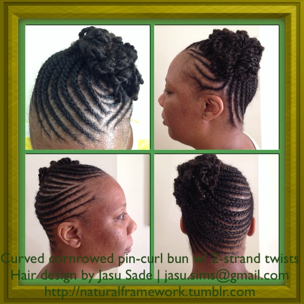 Natural Framework Curved Cornrow Pin Curl Bun W 2 Strand