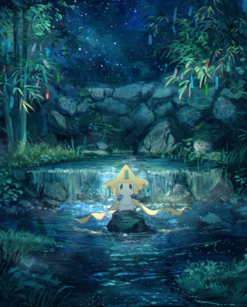 anime pokemon jirachi art fan art illustration dark night blue scenery water wallpaper background