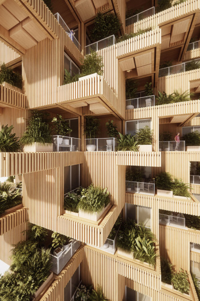 archatlas:<br /><br />Penda proposes Toronto Tree Tower built from cross-laminated timber modules<br /><br /><br />Plants and trees sprout from the modular units that make up this timber-framed high-rise, proposed by architecture firm Penda for Toronto. Penda, which has offices in China and Austria, collaborated with Canadian company Tmber for the Toronto Tree Tower project. They propose an 18-storey residential block that would stand 62 metres tall, with a modular structure made from cross-laminated timber (CLT).<br />Wood would also clad the building’s staggered walls, and trees would grow from the homes’ generous balconies. “Our cities are a assembly of steel, concrete and glass,” said Penda partner Chris Precht. “If you walk through the city and suddenly see a tower made of wood and plants, it will create an interesting contrast. The warm, natural appearance of wood and the plants growing on its facade bring the building to life and that could be a model for environmental friendly developments and sustainable extensions of our urban landscape,” he added.<br />