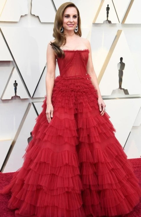 Cardellini in a red ruffled ball gown at the Oscar 2019 Frazer...