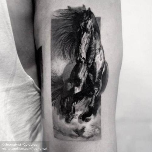 By JeongHwi · Coldgray, done at Cold Gray Tattoo, Seoul.... black and grey;bicep;animal;jeonghwi;horse;facebook;twitter;medium size