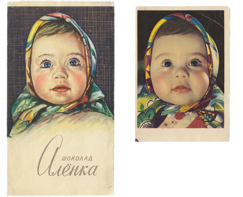 One of the most recognizable examples of Soviet branding - packaging for “Alyonka” chocolate bar.
Original photo was made by Alexander Gerinas of his eight months daughter Lena in 1960.
In 1966, the photo was redrawn by Nikolai Maslov, Krasny...