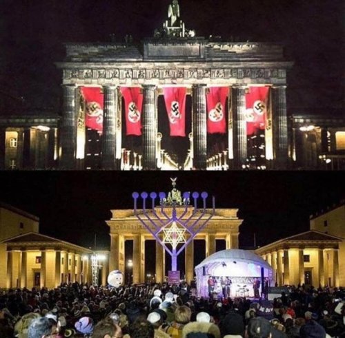 The Brandenburg Gate in Berlin, Germany, in 1939 and in 2014, at a public Menorah lighting.