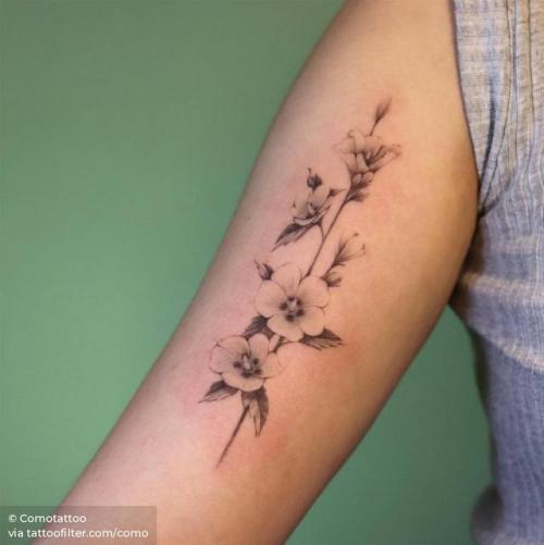 By Comotattoo, done in Seoul. http://ttoo.co/p/30340 flower;single needle;bicep;como;facebook;nature;twitter;rose of sharon;medium size