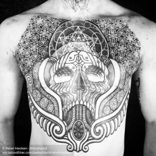 By Peter Madsen · Blackhand, done at Meatshop Tattoo, Barcelona.... skull;anatomy;dotwork;torso;big;chest;facebook;blackwork;twitter;sacred geometry;peterblackhandmadsen