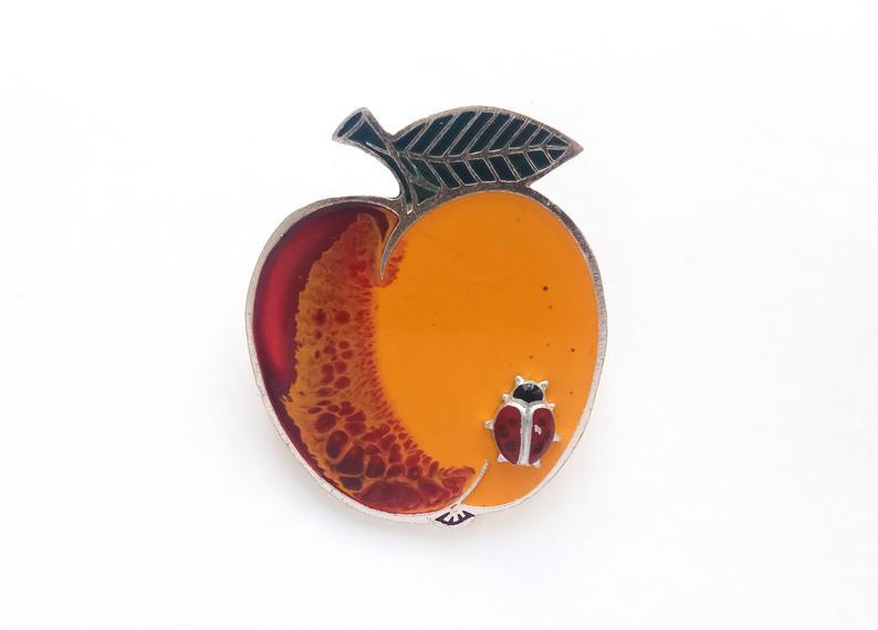 Apple with a ladybug, Vintage enamel pin