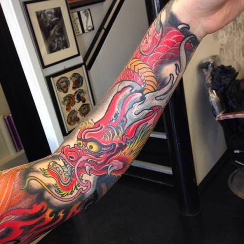 By Dalmiro Dalmont, done at Black Garden Tattoo, London.... dalmirodalmont;neo japanese;big;dragon;facebook;forearm;twitter;mythology