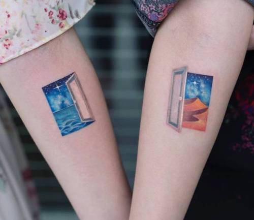 By Zihee, done in Seoul. http://ttoo.co/p/34583 surrealist;small;best friend;matching;tiny;love;ifttt;little;zihee;architecture;inner forearm;other;door;matching tattoos for best friends