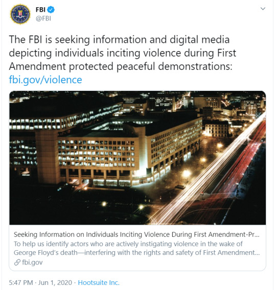 [Tweet from the FBI at 5:47pm EDT on June 1, 2020: The FBI is seeking information and digital media depicting individuals...