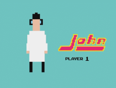 Retro pixel art Johns rotate like a character select screen. JF's name is in pink block letters; JL's name is in blue cursive.