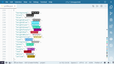 The color scheme settings from the settings.json file