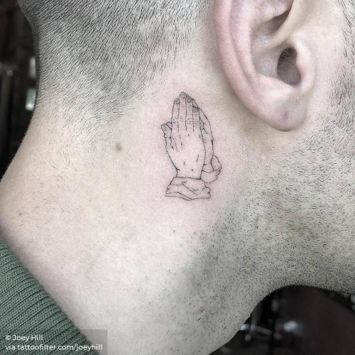 By Joey Hill, done in Los Angeles. http://ttoo.co/p/34925 anatomy;behind the ear;facebook;hand;joeyhill;praying hands;religious;single needle;small;twitter