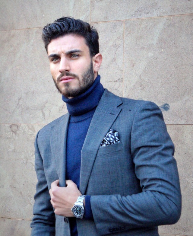 Engineer — menstyle1: Grey suit with ocean blue polo neck.