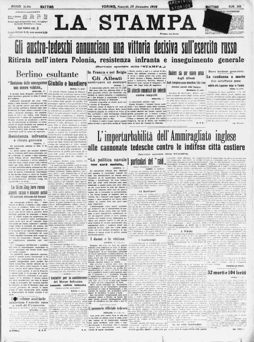 18 December 1914: frontpages