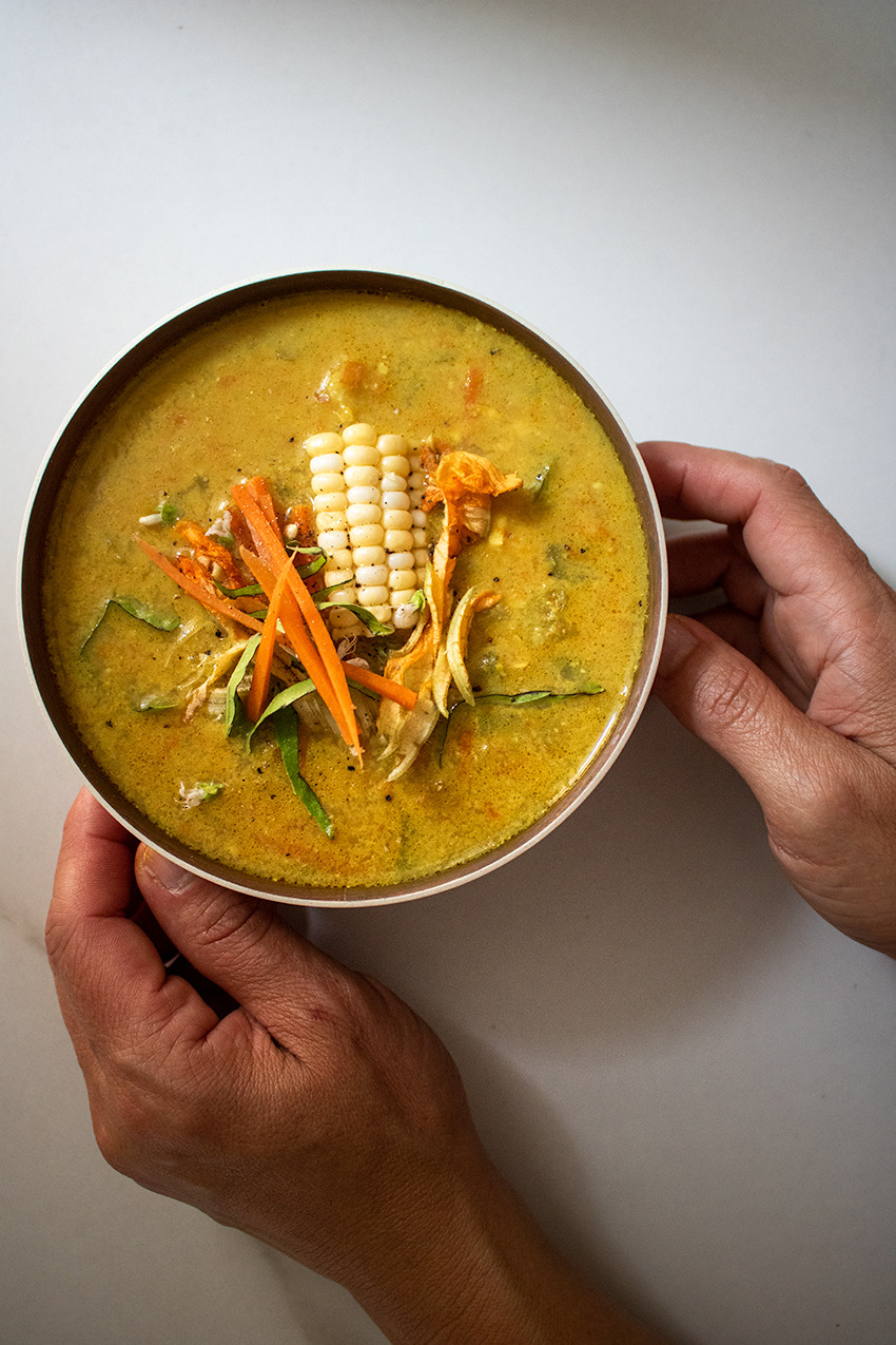 thai style squash blossom and corn soup