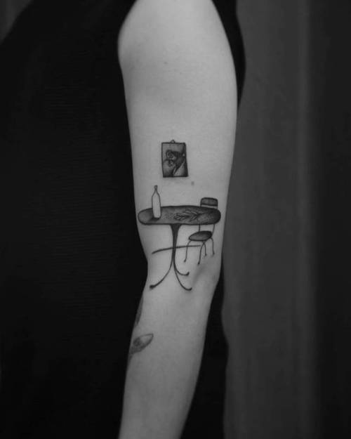 By Michele Servadio, done at Hard Work Tattoo, Rome.... furniture;facebook;blackwork;twitter;micheleservadio;medium size;other;illustrative;upper arm