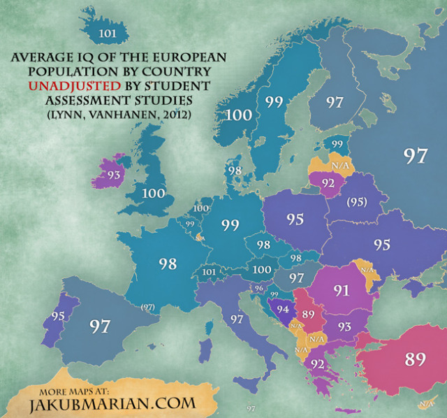 Average IQ In Europe By Country More IQ Maps Maps On The Web   Tumblr Ntmj57WYwk1rasnq9o1 640 